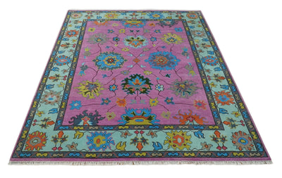 8x10 Wool Traditional Persian Pink, Gray and Blue Vibrant Colorful Hand knotted Oushak Area Rug | TRDCP844810 - The Rug Decor