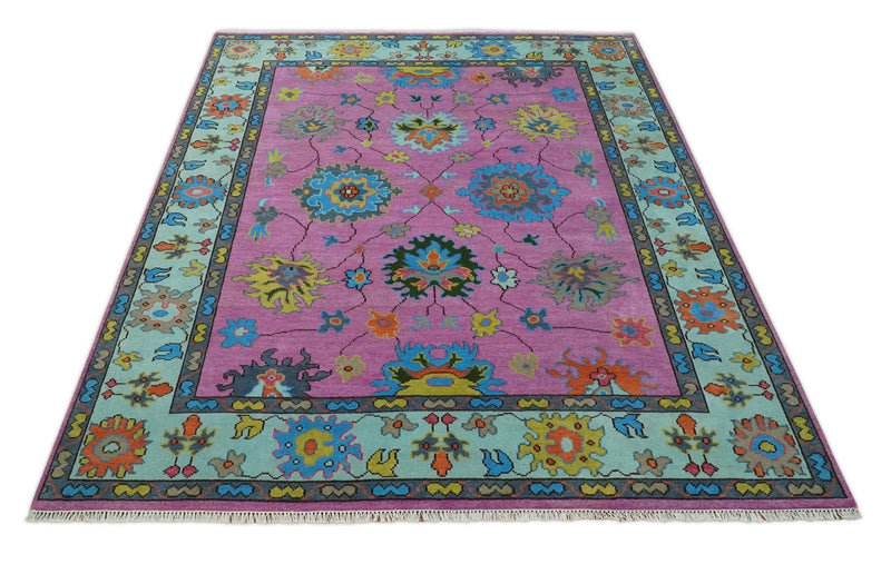 8x10 Wool Traditional Persian Pink, Gray and Blue Vibrant Colorful Hand knotted Oushak Area Rug | TRDCP844810 - The Rug Decor
