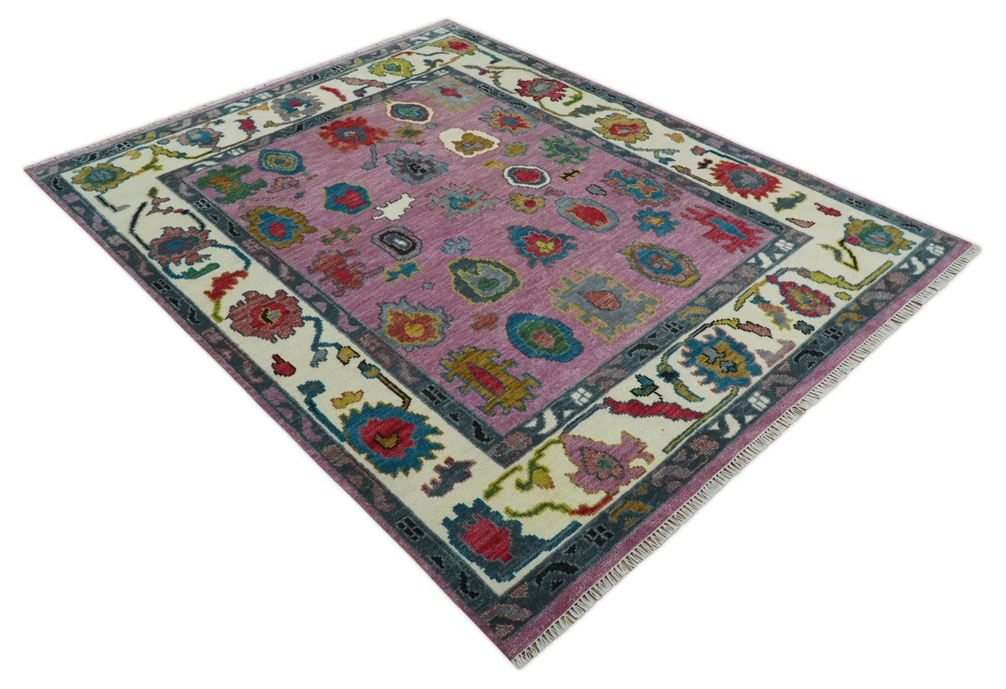8x10 Wool Traditional Persian Purple and Ivory Vibrant Colorful Hand knotted Oushak Area Rug | TRDCP1125810S - The Rug Decor