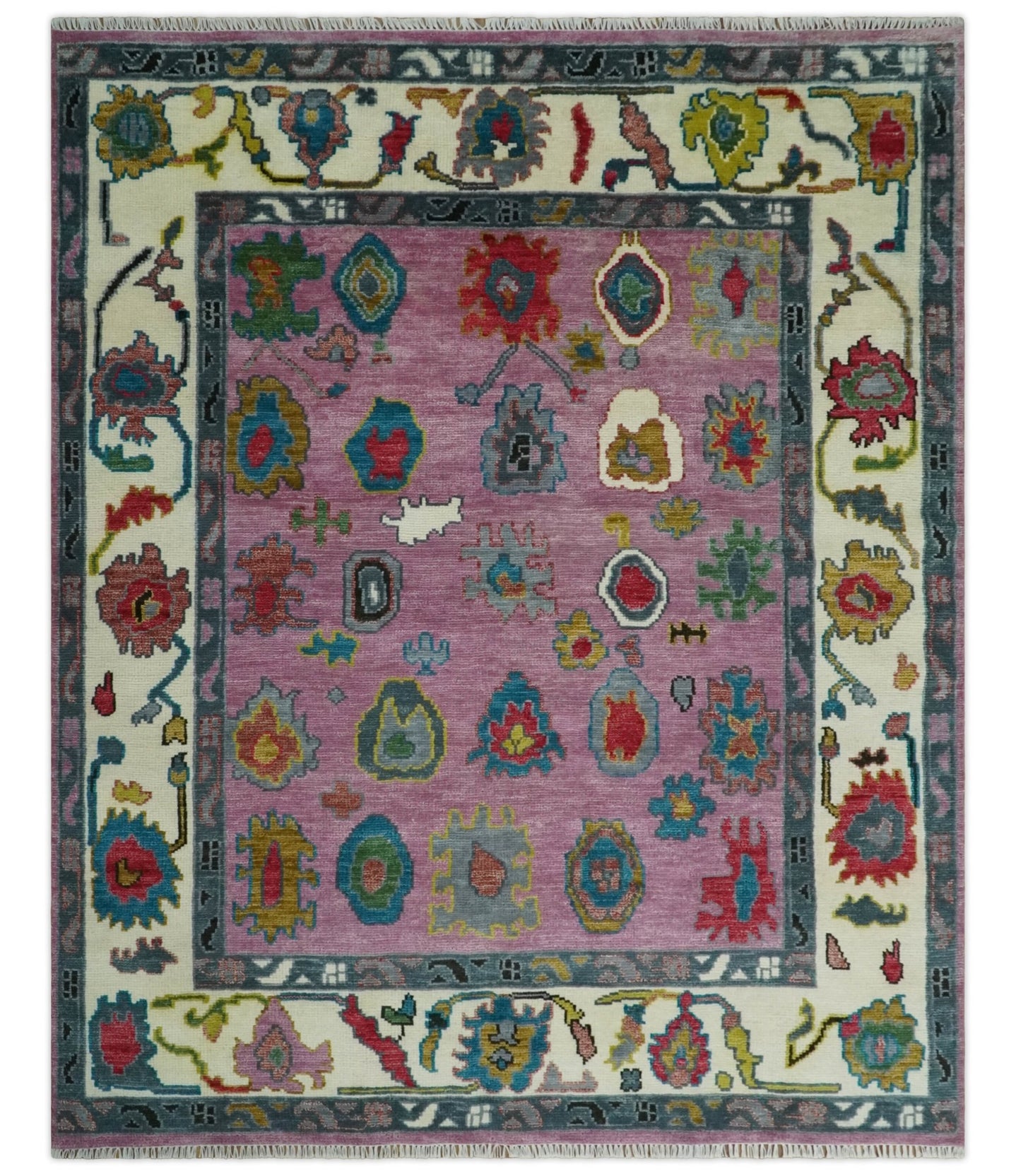 8x10 Wool Traditional Persian Purple and Ivory Vibrant Colorful Hand knotted Oushak Area Rug | TRDCP1125810S - The Rug Decor