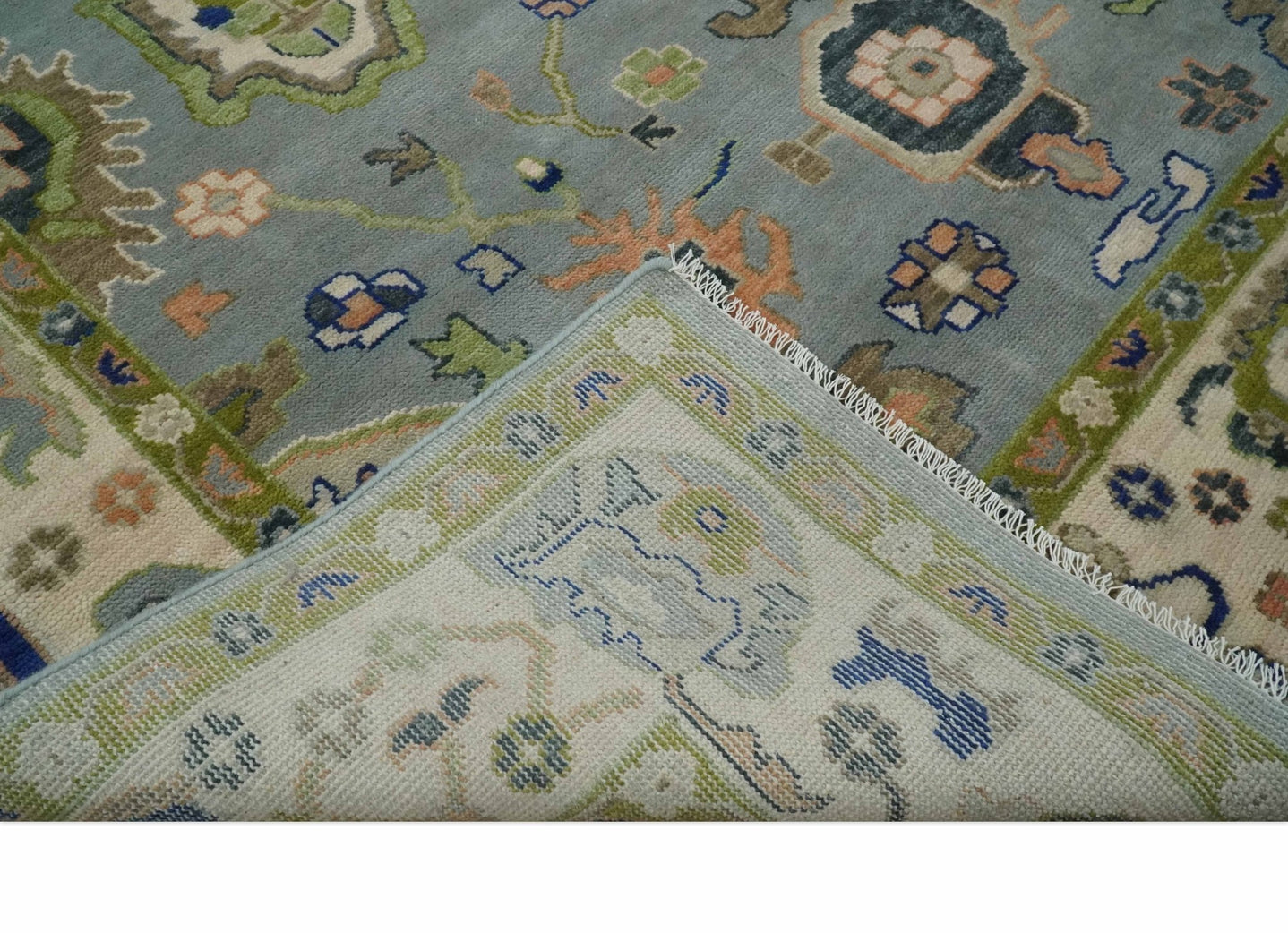 8x10 wool Vibrant Colorful Silver, Green and Light Peach Hand knotted Oushak Area Rug - The Rug Decor