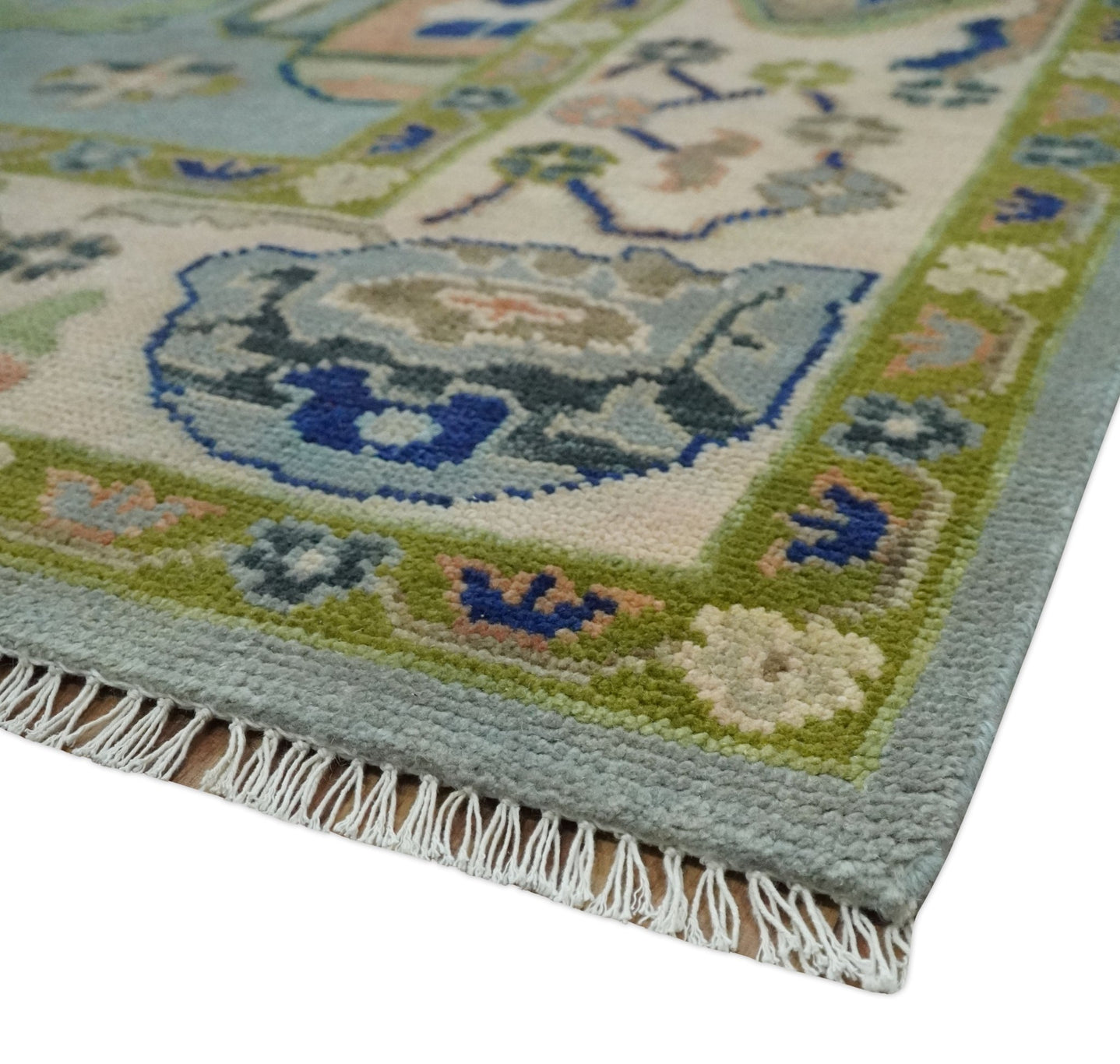 8x10 wool Vibrant Colorful Silver, Green and Light Peach Hand knotted Oushak Area Rug - The Rug Decor