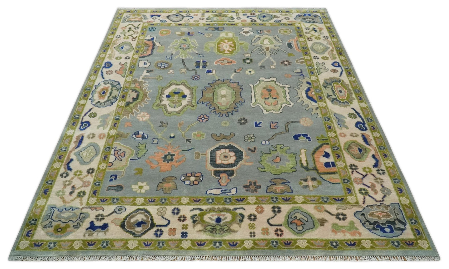 8x10 wool Vibrant Colorful Silver, Green and Light Peach Hand knotted Oushak Area Rug - The Rug Decor