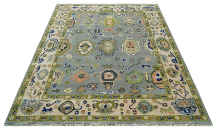 8x10 wool Vibrant Colorful Silver, Green and Light Peach Hand knotted Oushak Area Rug - The Rug Decor