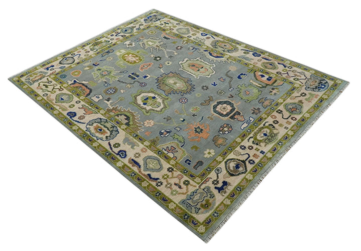 8x10 wool Vibrant Colorful Silver, Green and Light Peach Hand knotted Oushak Area Rug - The Rug Decor