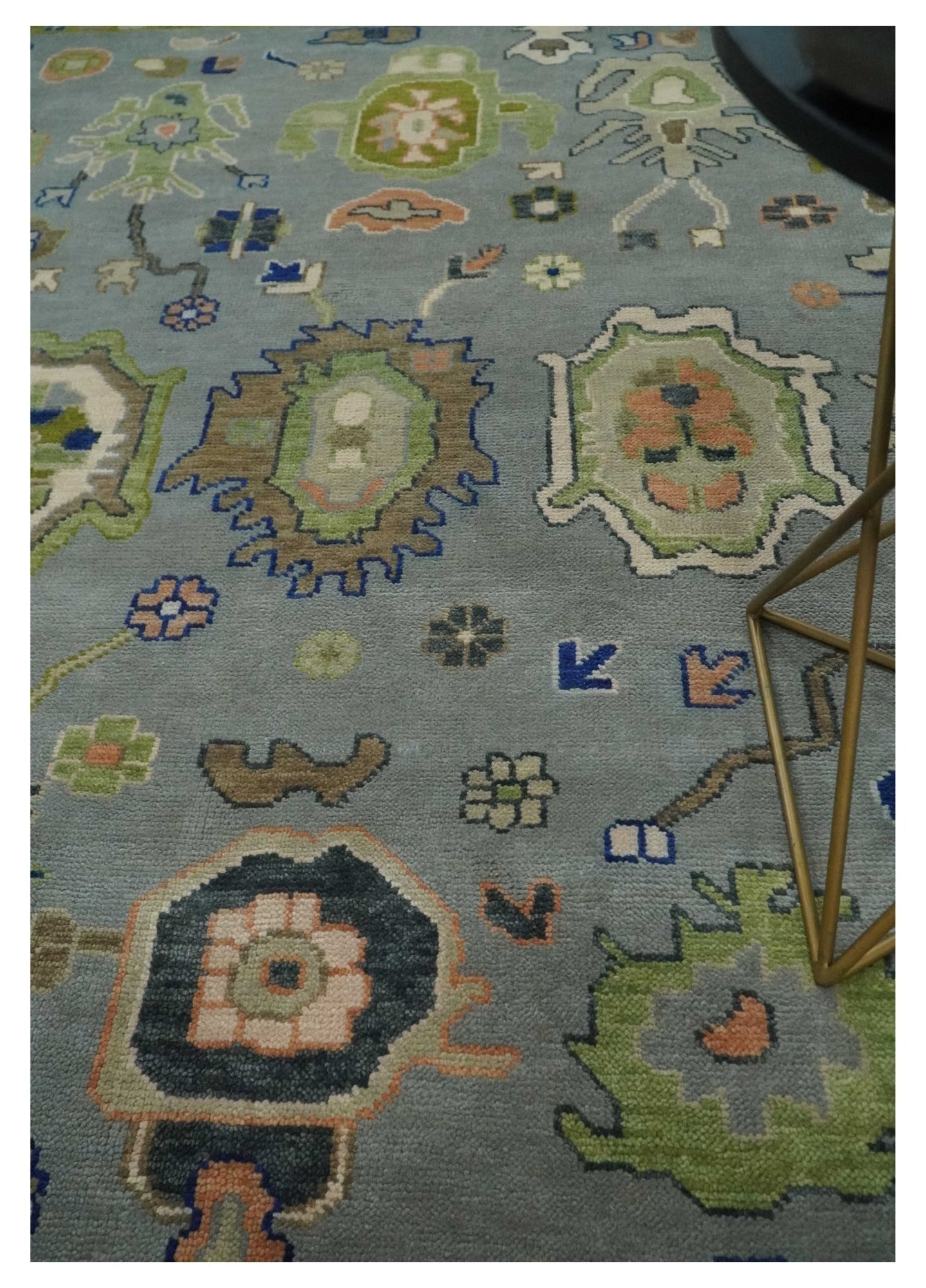 8x10 wool Vibrant Colorful Silver, Green and Light Peach Hand knotted Oushak Area Rug - The Rug Decor