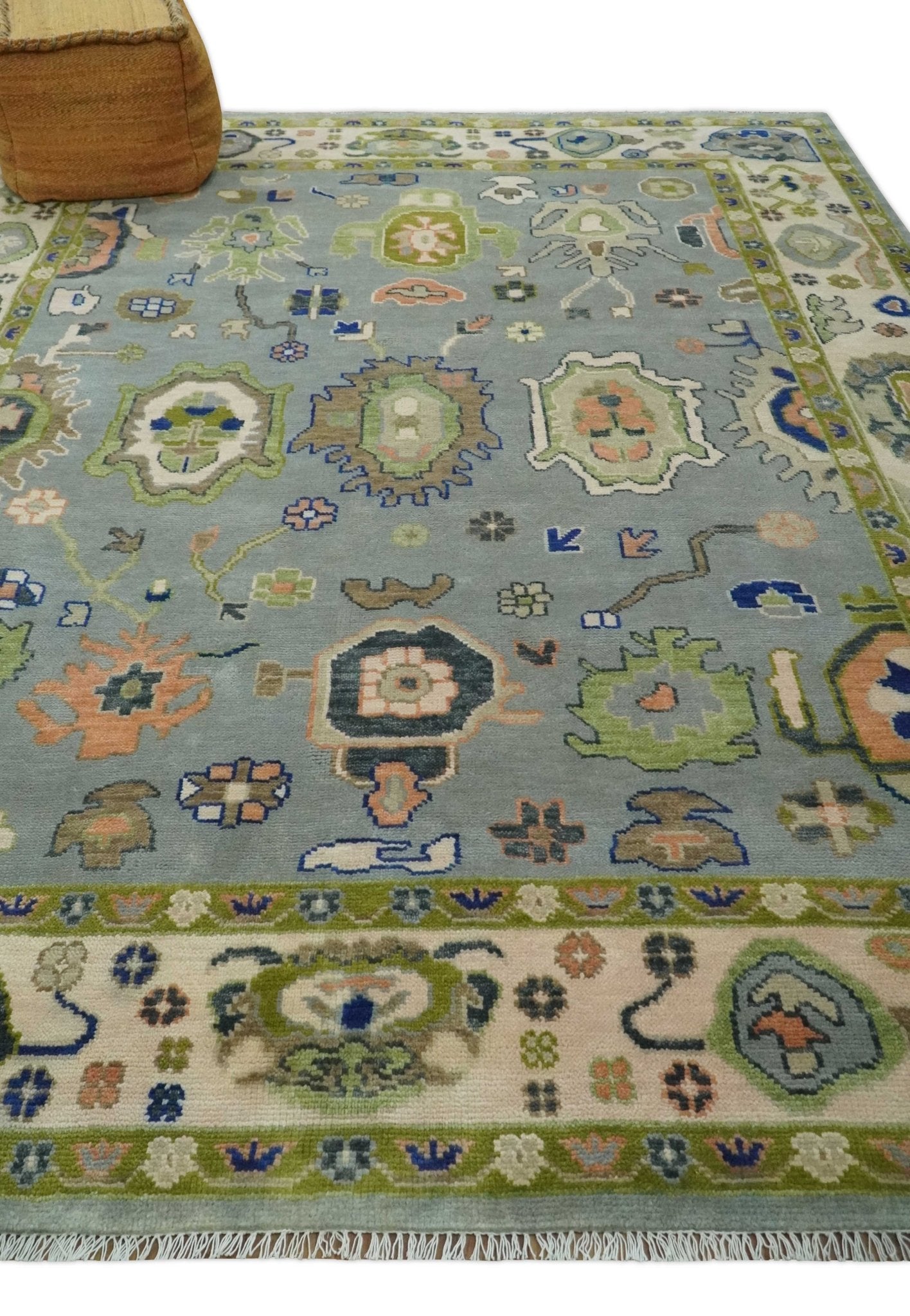 8x10 wool Vibrant Colorful Silver, Green and Light Peach Hand knotted Oushak Area Rug - The Rug Decor