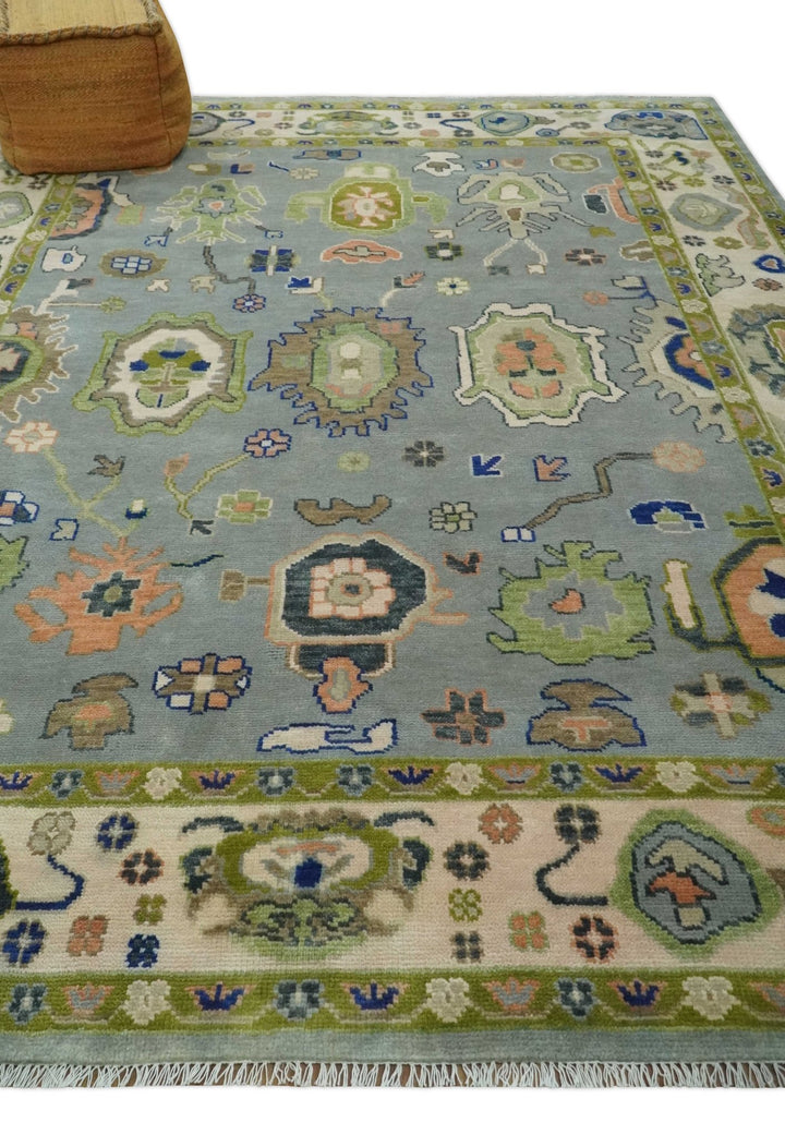 8x10 wool Vibrant Colorful Silver, Green and Light Peach Hand knotted Oushak Area Rug - The Rug Decor