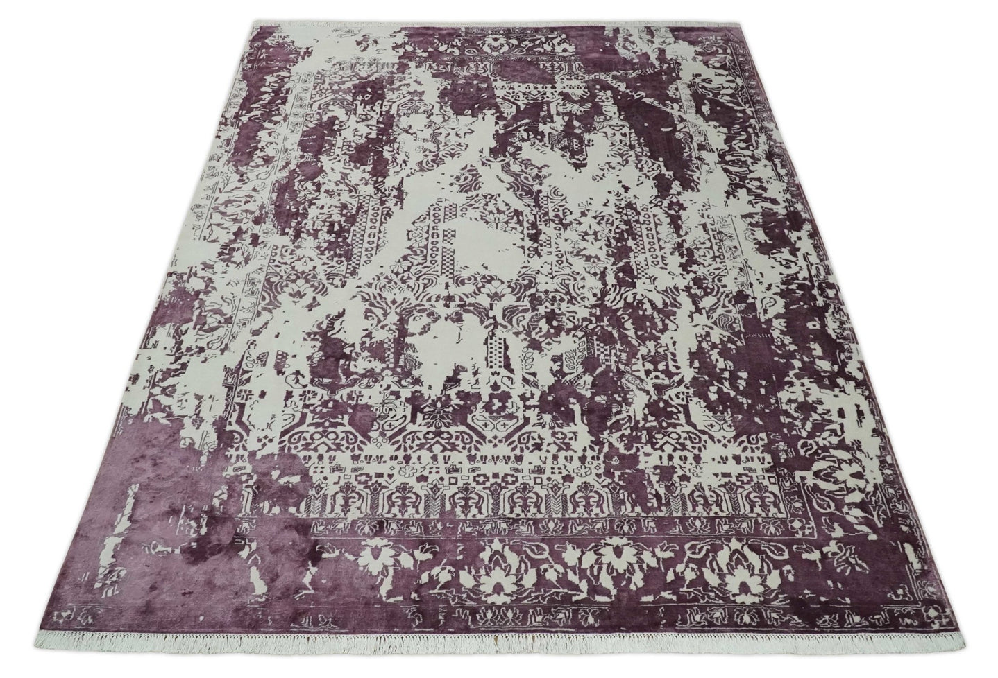 8x11 Beige and Dark Purple Modern Abstract Hand Knotted Persian Wool Area Rug | AE14811 - The Rug Decor