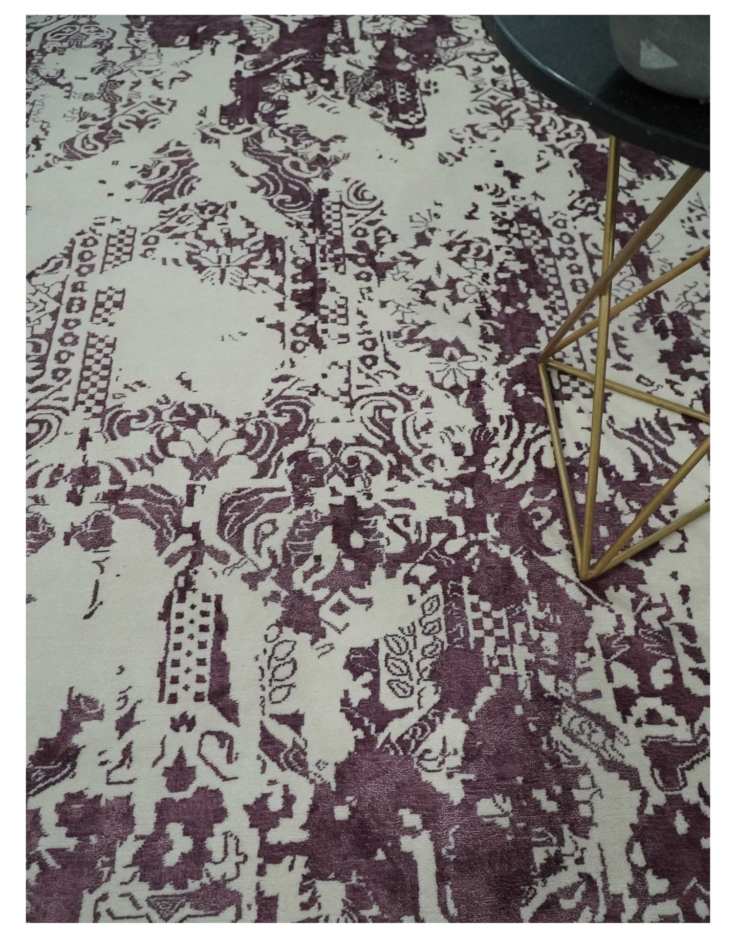 8x11 Beige and Dark Purple Modern Abstract Hand Knotted Persian Wool Area Rug | AE14811 - The Rug Decor