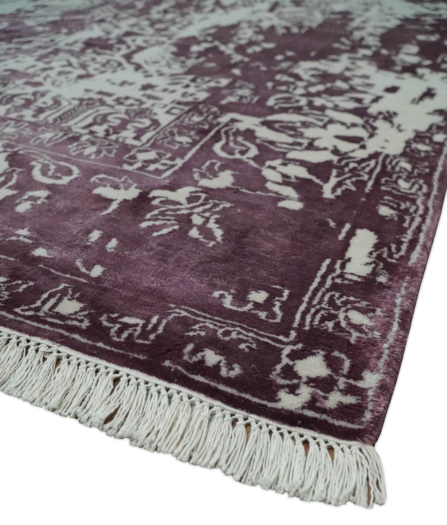 8x11 Beige and Dark Purple Modern Abstract Hand Knotted Persian Wool Area Rug | AE14811 - The Rug Decor