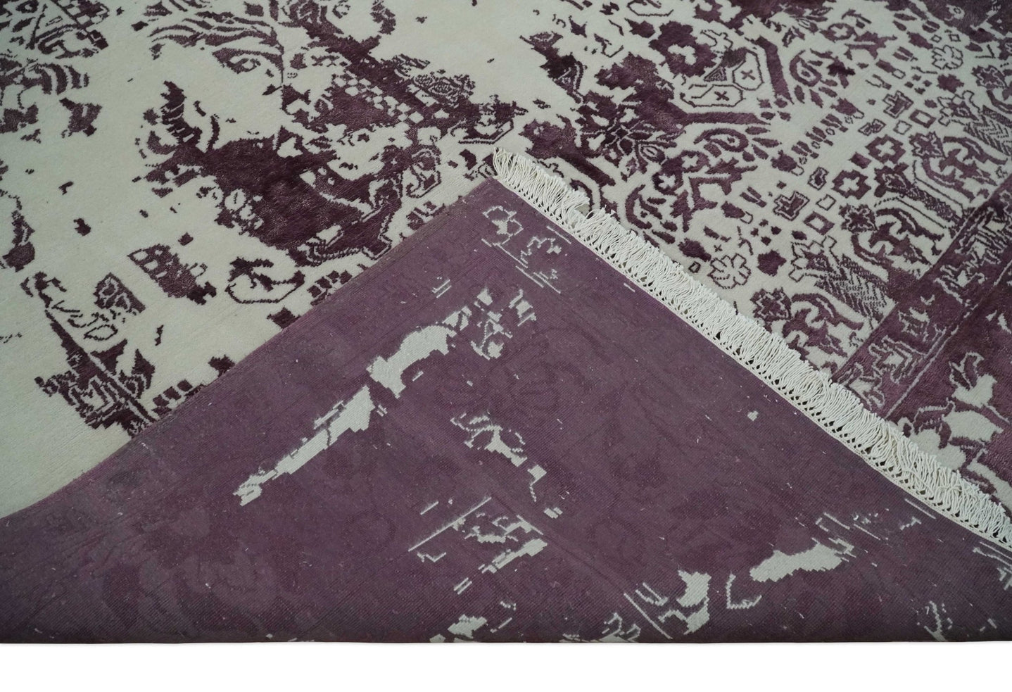 8x11 Beige and Dark Purple Modern Abstract Hand Knotted Persian Wool Area Rug | AE14811 - The Rug Decor