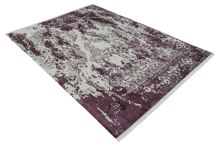 8x11 Beige and Dark Purple Modern Abstract Hand Knotted Persian Wool Area Rug | AE14811 - The Rug Decor
