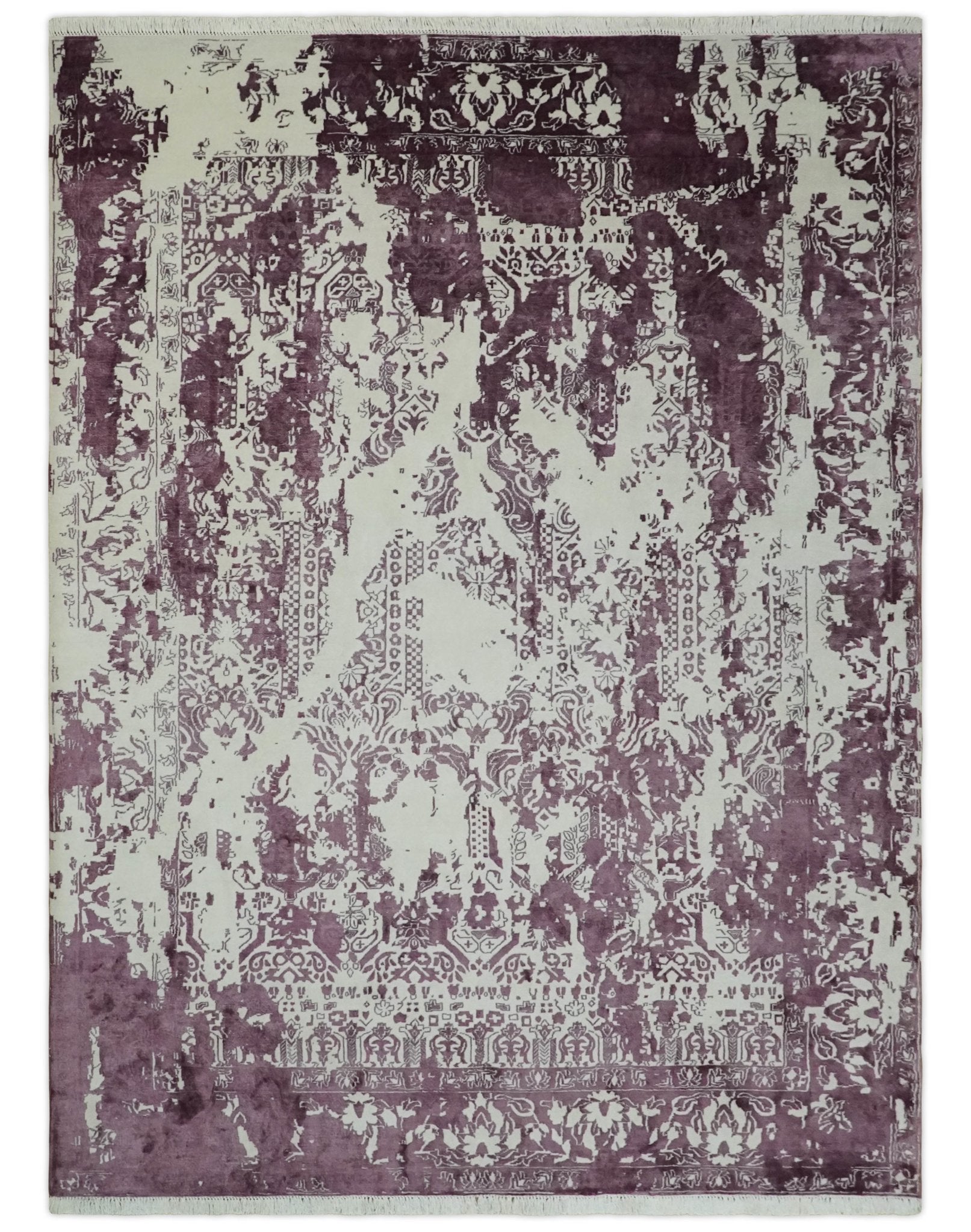 8x11 Beige and Dark Purple Modern Abstract Hand Knotted Wool Area Rug ...