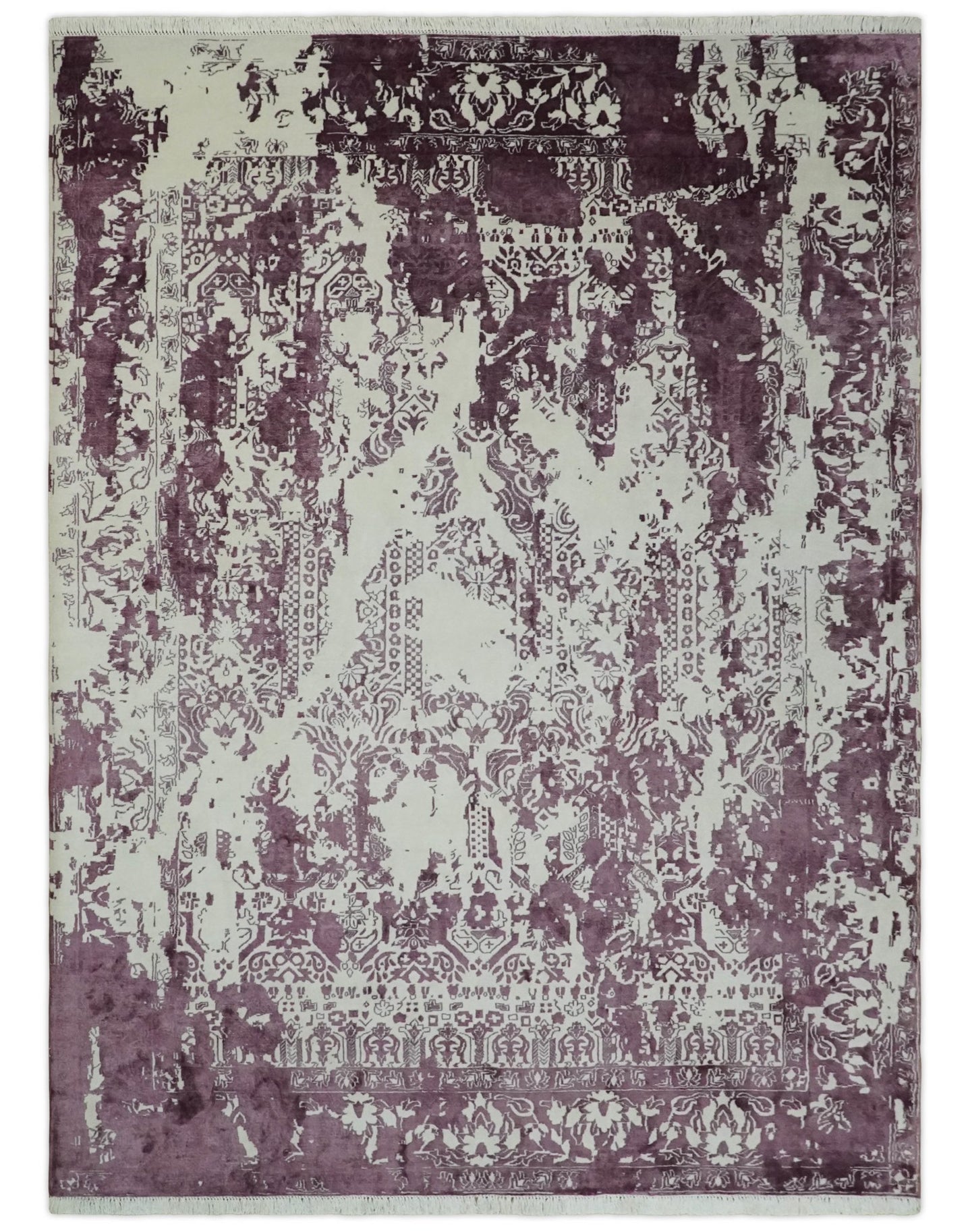 8x11 Beige and Dark Purple Modern Abstract Hand Knotted Persian Wool Area Rug | AE14811 - The Rug Decor