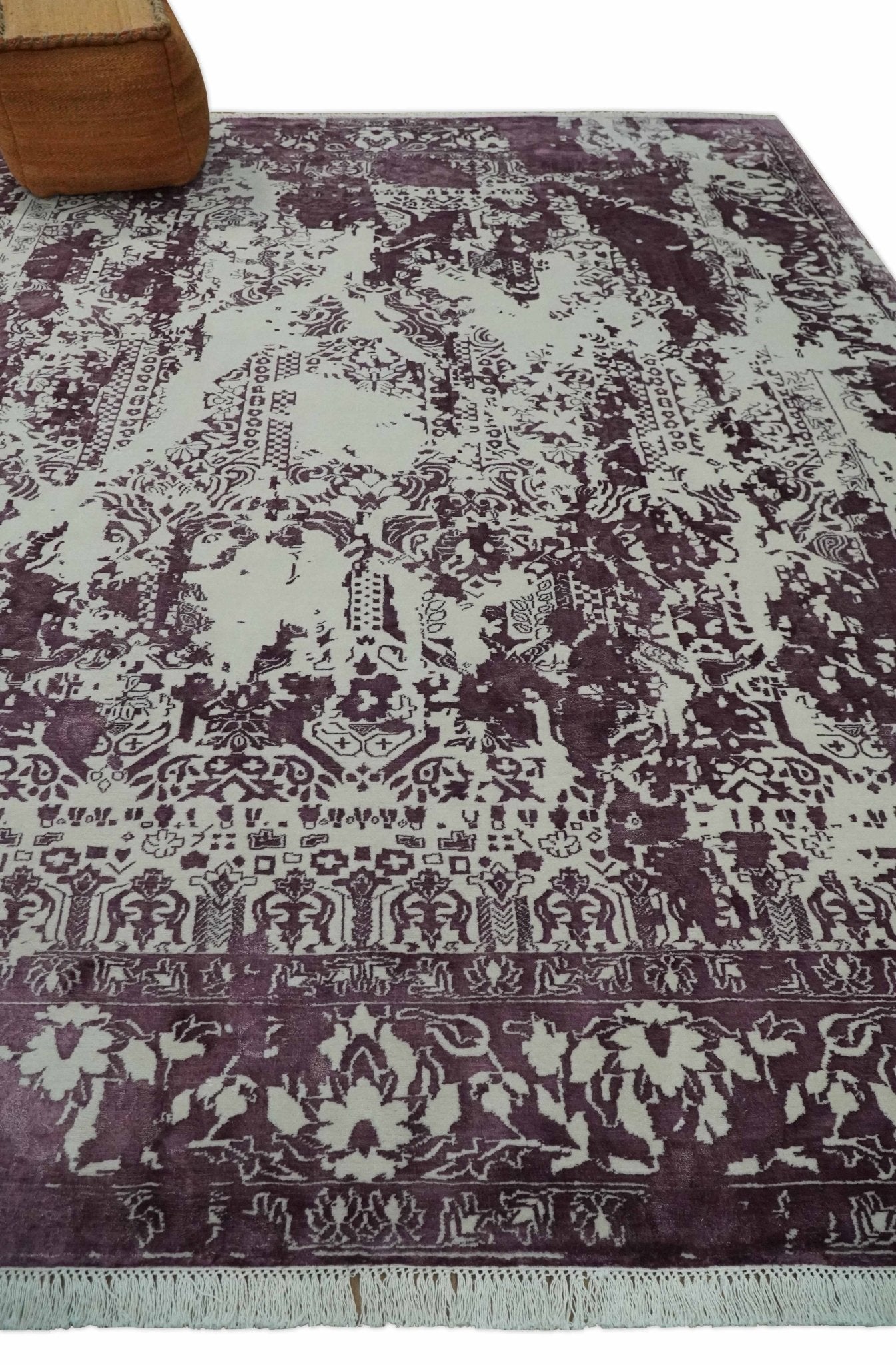 8x11 Beige and Dark Purple Modern Abstract Hand Knotted Persian Wool Area Rug | AE14811 - The Rug Decor