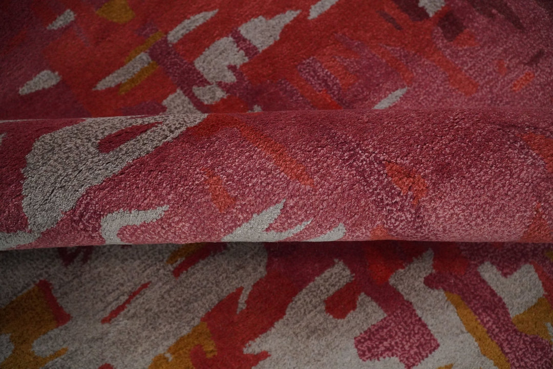 8x11 Red, Rust and Silver Modern Abstract Handmade Wool and Art Silk Area Rug | BAN1 - The Rug Decor