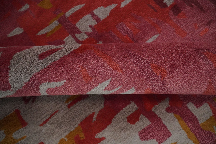 8x11 Red, Rust and Silver Modern Abstract Handmade Wool and Art Silk Area Rug | BAN1 - The Rug Decor