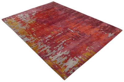 8x11 Red, Rust and Silver Modern Abstract Handmade Wool and Art Silk Area Rug | BAN1 - The Rug Decor