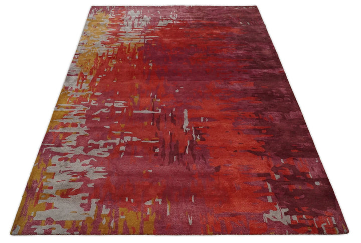 8x11 Red, Rust and Silver Modern Abstract Handmade Wool and Art Silk Area Rug | BAN1 - The Rug Decor
