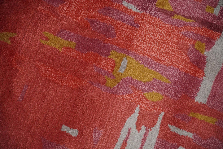 8x11 Red, Rust and Silver Modern Abstract Handmade Wool and Art Silk Area Rug | BAN1 - The Rug Decor