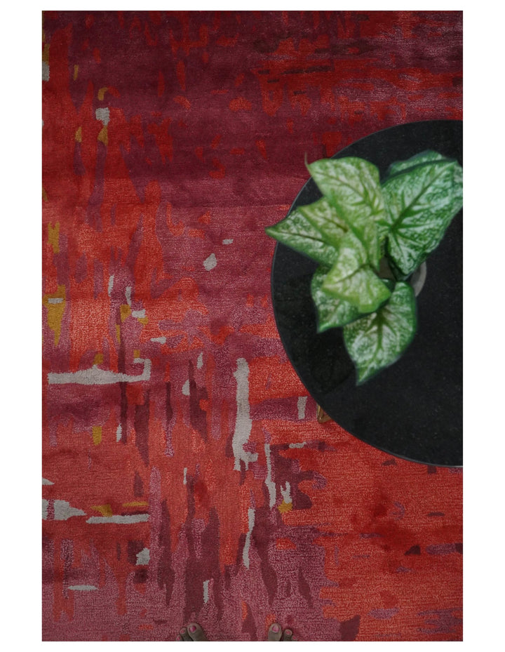 8x11 Red, Rust and Silver Modern Abstract Handmade Wool and Art Silk Area Rug | BAN1 - The Rug Decor
