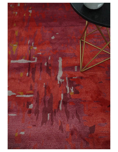 8x11 Red, Rust and Silver Modern Abstract Handmade Wool and Art Silk Area Rug | BAN1 - The Rug Decor