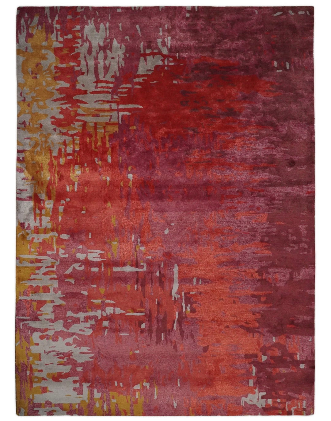 8x11 Red, Rust and Silver Modern Abstract Handmade Wool and Art Silk Area Rug | BAN1 - The Rug Decor
