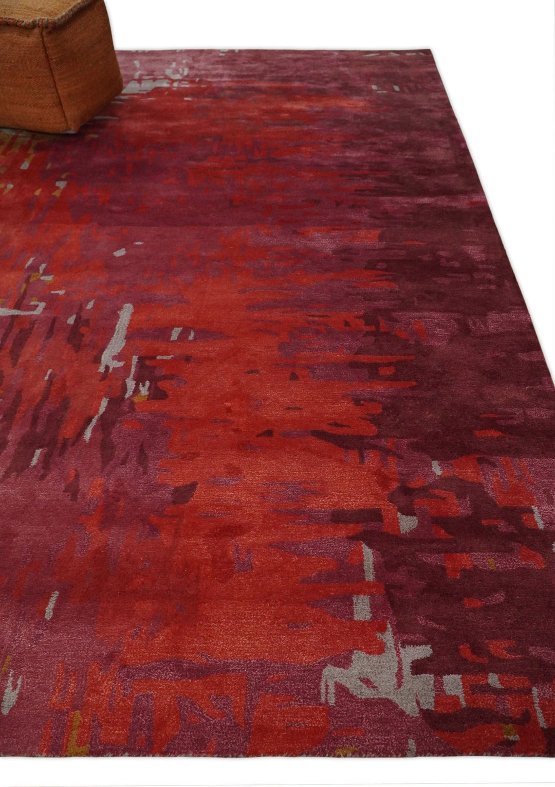 8x11 Red, Rust and Silver Modern Abstract Handmade Wool and Art Silk Area Rug | BAN1 - The Rug Decor