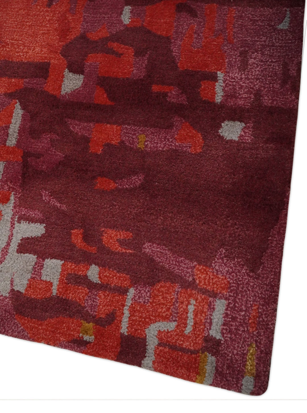 8x11 Red, Rust and Silver Modern Abstract Handmade Wool and Art Silk Area Rug | BAN1 - The Rug Decor