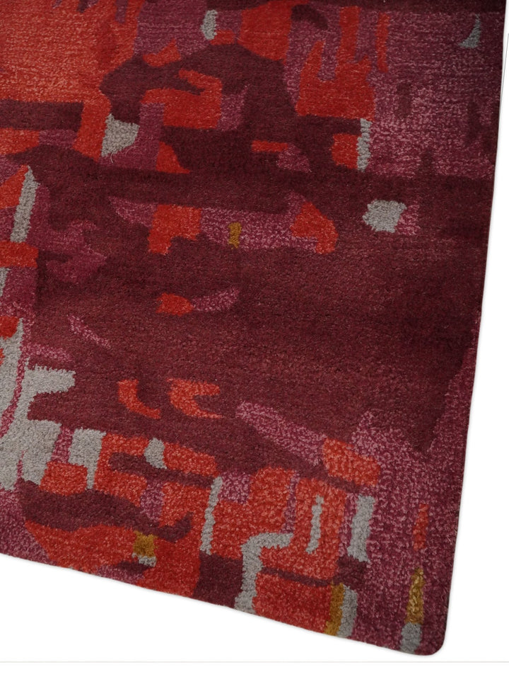8x11 Red, Rust and Silver Modern Abstract Handmade Wool and Art Silk Area Rug | BAN1 - The Rug Decor