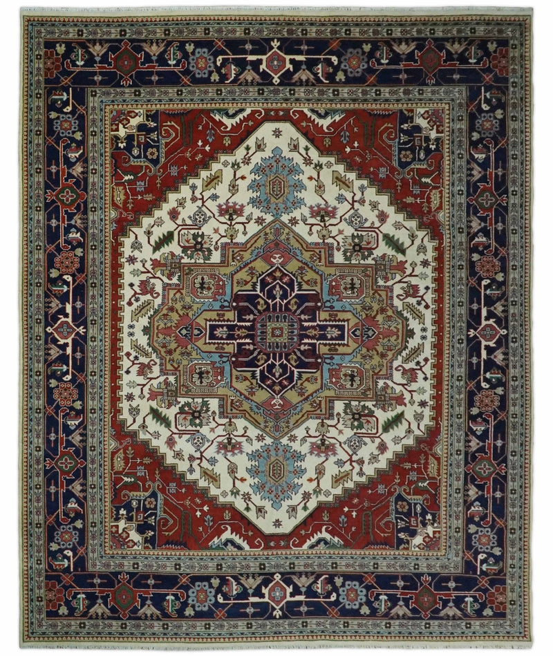 8x8, 8x10, 9x12,10x14 and 12x15 Hand Knotted Ivory and Blue Traditional Heriz Serapi Antique Wool Rug | TRDCP76 - The Rug Decor