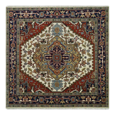 8x8,10x14 Hand Knotted Ivory and Blue Traditional Heriz Serapi Antique Wool Rug | TRDCP76 - The Rug Decor