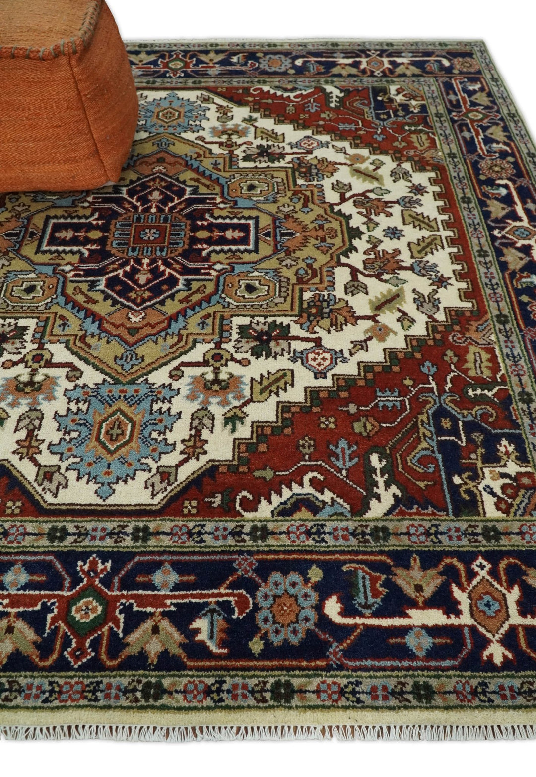8x8,10x14 Hand Knotted Ivory and Blue Traditional Heriz Serapi Antique Wool Rug | TRDCP76 - The Rug Decor