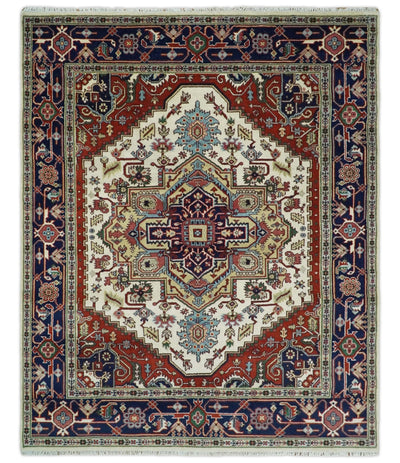 8x8,8x10,9x12,10x14 Hand Knotted Ivory and Blue Traditional Heriz Serapi Antique Wool Rug | TRDCP76 - The Rug Decor