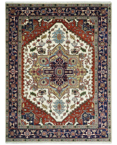 8x8,9x12,10x14 Hand Knotted Ivory and Blue Traditional Heriz Serapi Antique Wool Rug | TRDCP76 - The Rug Decor