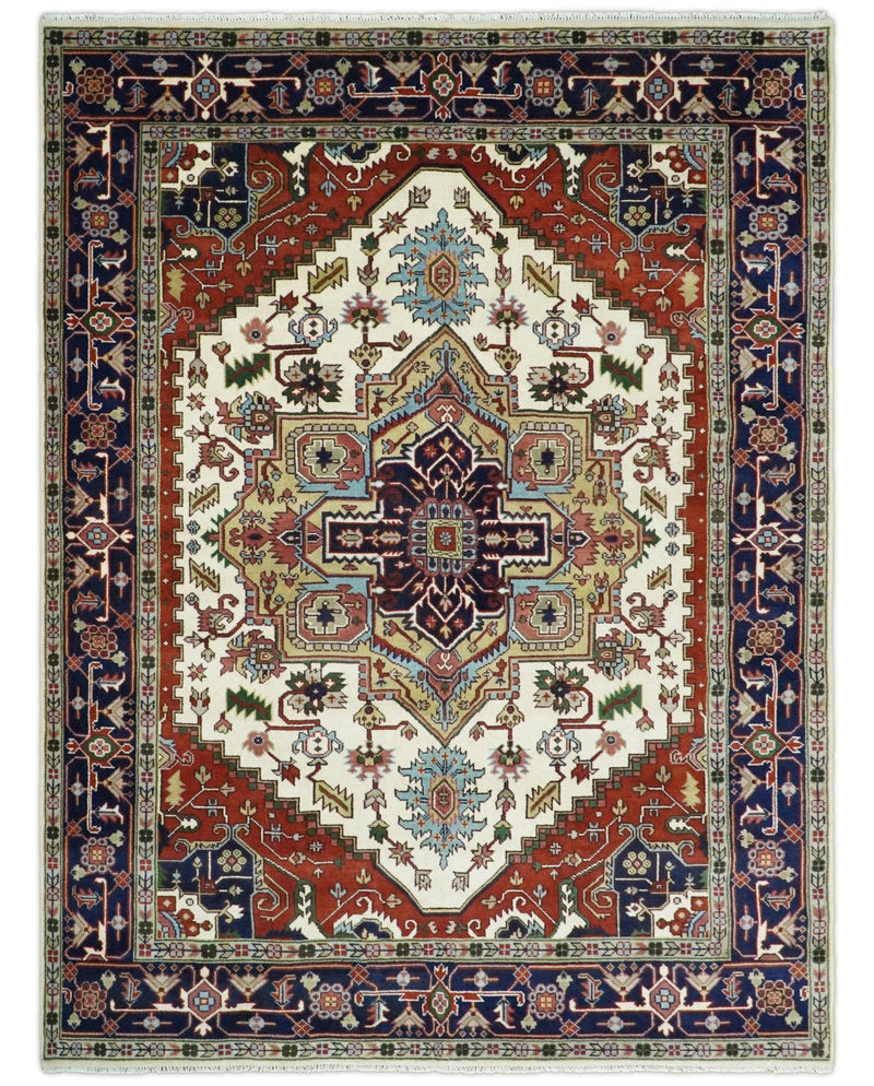 8x8,9x12,10x14 Hand Knotted Ivory and Blue Traditional Heriz Serapi Antique Wool Rug | TRDCP76 - The Rug Decor