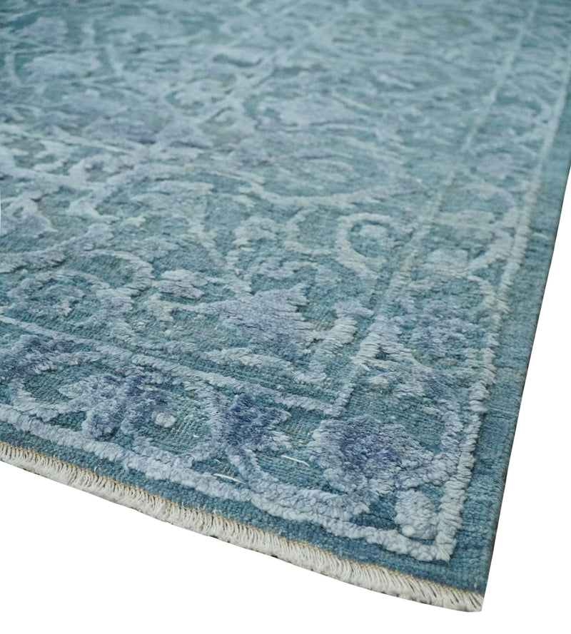 8x9.7 Blue Antique Style, Distressed Finish Hand Carved Traditional Medalian Hand Knotted Wool and Silk Rug - The Rug Decor