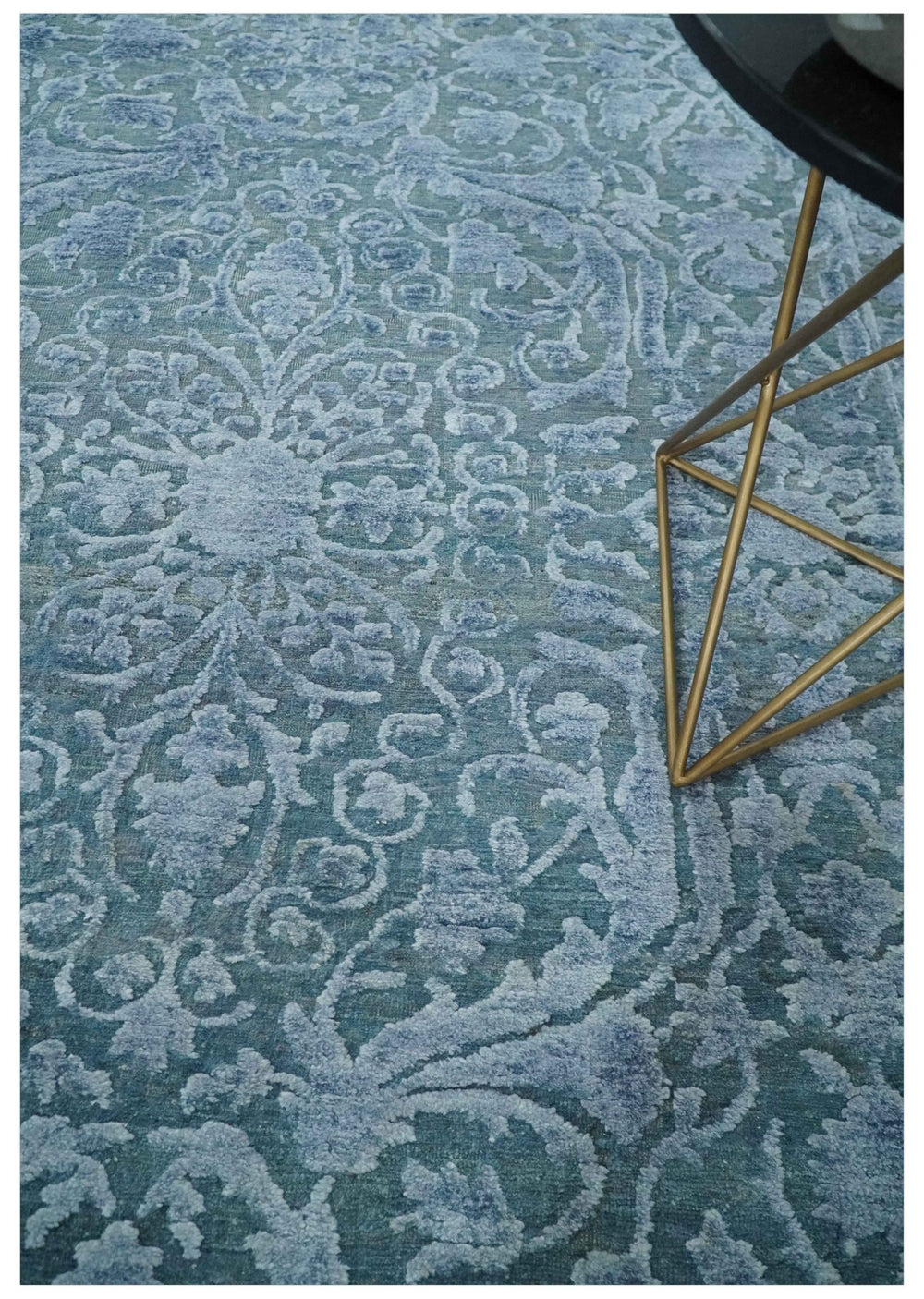 8x9.7 Blue Antique Style, Distressed Finish Hand Carved Traditional Medalian Hand Knotted Wool and Silk Rug - The Rug Decor