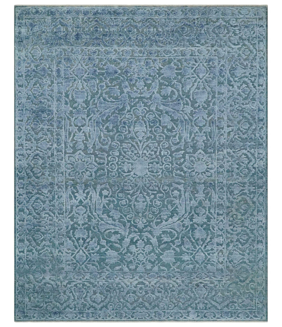 8x9.7 Blue Antique Style, Distressed Finish Hand Carved Traditional Medalian Hand Knotted Wool and Silk Rug - The Rug Decor