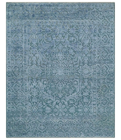 8x9.7 Blue Antique Style, Distressed Finish Hand Carved Traditional Medalian Hand Knotted Wool and Silk Rug - The Rug Decor