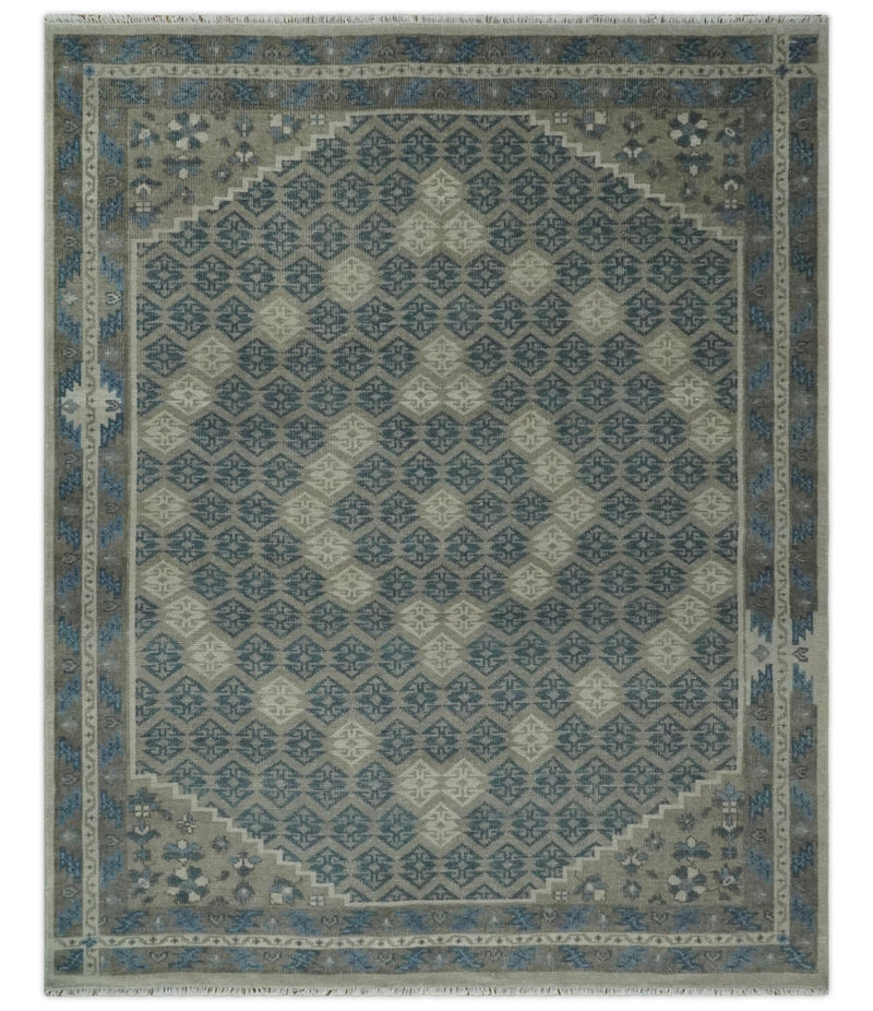 8x9.9 Gray, Ivory and Beige Honeycomb Traditional Hand Knotted Wool Area Rug - The Rug Decor