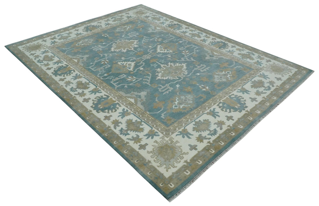 9.2x11.9 Hand Knotted Blue and Ivory Traditional Oushak Wool Area Rug - The Rug Decor