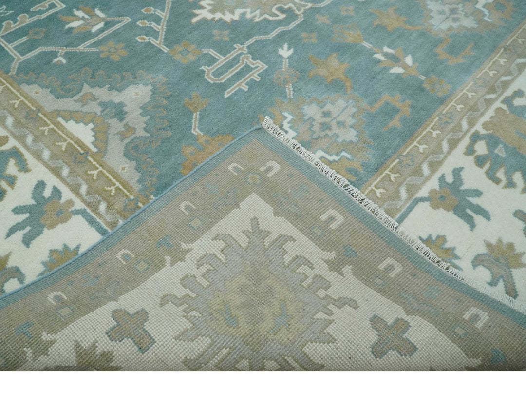 9.2x11.9 Hand Knotted Blue and Ivory Traditional Oushak Wool Area Rug - The Rug Decor