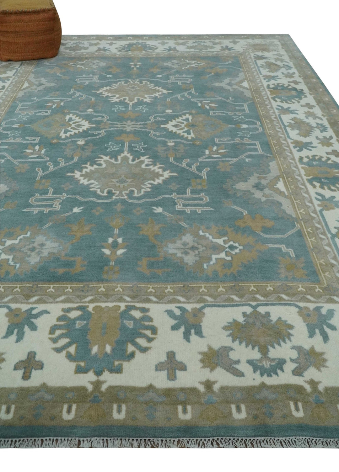 9.2x11.9 Hand Knotted Blue and Ivory Traditional Oushak Wool Area Rug - The Rug Decor
