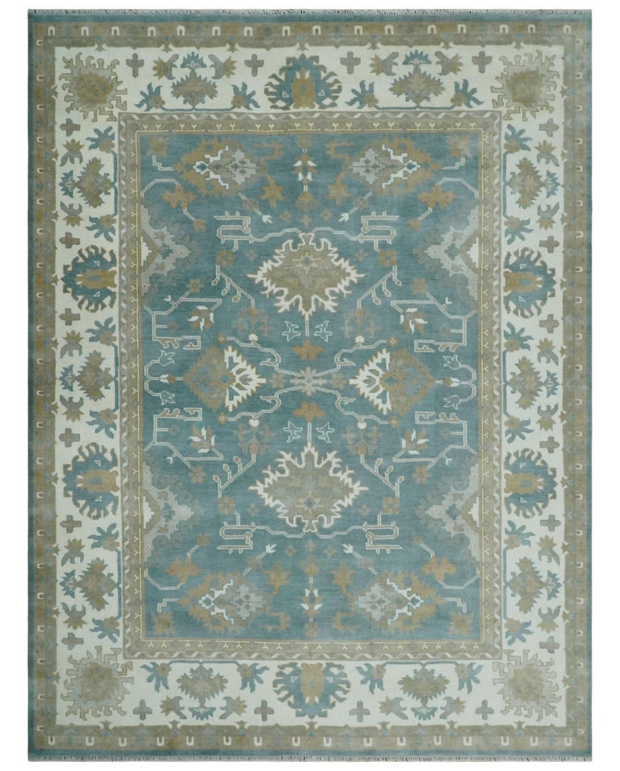 9.2x11.9 Hand Knotted Blue and Ivory Traditional Oushak Wool Area Rug - The Rug Decor