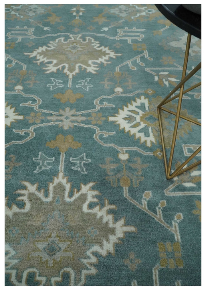 9.2x11.9 Hand Knotted Blue and Ivory Traditional Oushak Wool Area Rug - The Rug Decor