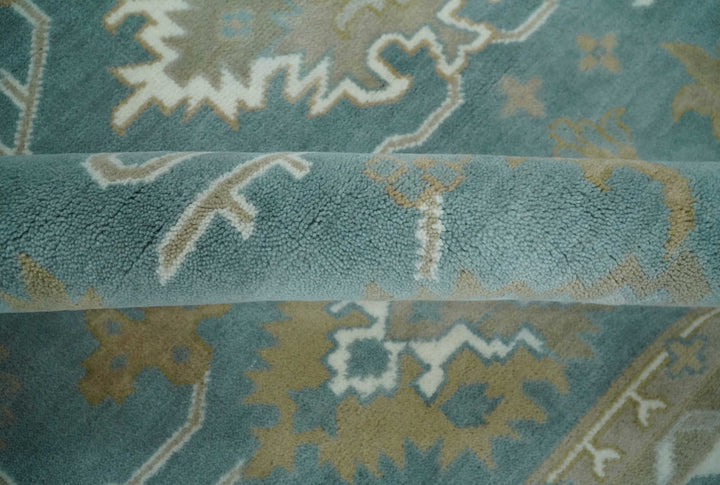 9.2x11.9 Hand Knotted Blue and Ivory Traditional Oushak Wool Area Rug - The Rug Decor