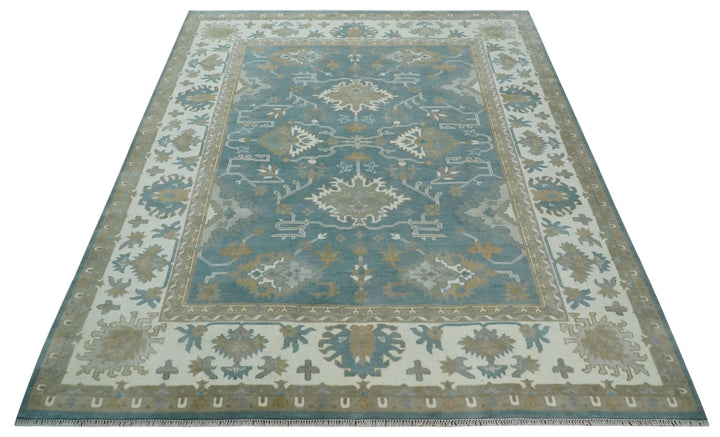9.2x11.9 Hand Knotted Blue and Ivory Traditional Oushak Wool Area Rug - The Rug Decor