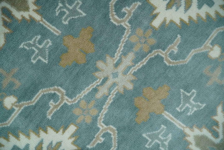 9.2x11.9 Hand Knotted Blue and Ivory Traditional Oushak Wool Area Rug - The Rug Decor
